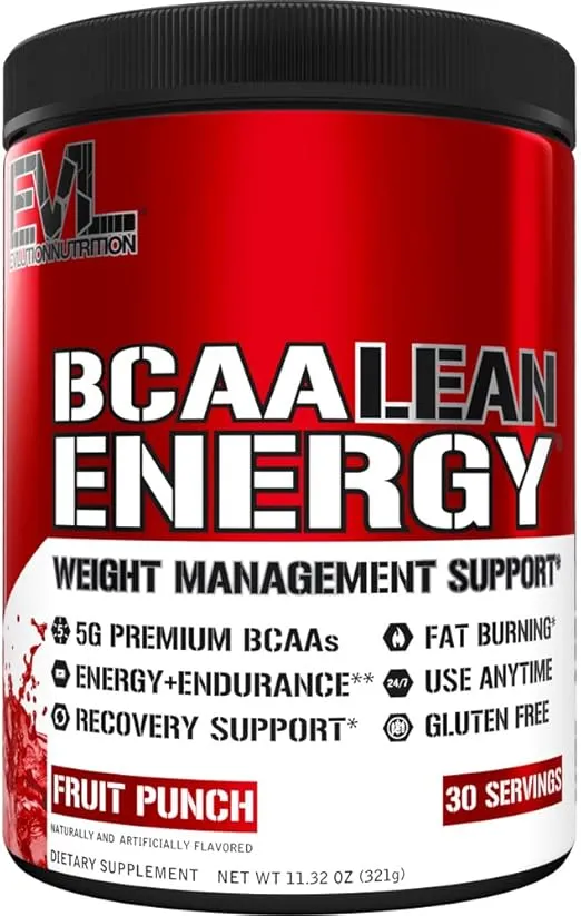 EVL BCAA Lean Energy Powder - Pre Workout Green Tea Fat Burner Support with BCAAs Amino Acids and Clean Energizers - BCAA Powder Post Workout Recovery Drink for Lean Muscle Recovery - Fruit Punch