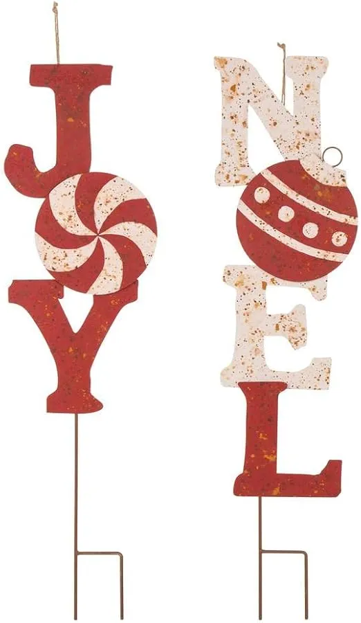 Glitzhome Set of 2 Rusty Metal Joy & Noel Yard Stakes Welcome Sign Garden Lawn Patio Christmas Decor for Outdoor Stake Indoor Wall Decor, 36" H