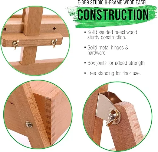 U.S. Art Supply Large Wooden H-Frame Studio Easel with Artist Storage Drawer and Shelf - Mast Adjustable to 75" High, Sturdy Beechwood Canvas Holder Stand - Organized Painting, Drawing Sketching