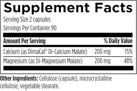 Designs for Health Cal/Mag 1:1-200mg Chelated Magnesium Malate + 200mg Calcium Malate Supplement - Non-GMO, Highly Absorbable Bone Support Nutrients (180 Capsules)