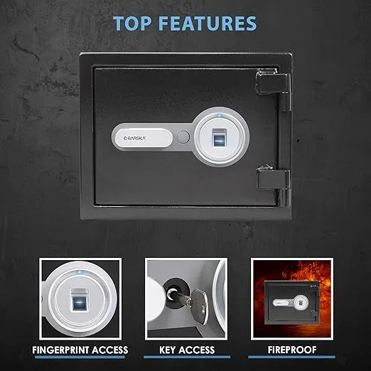 Barska Digital Biometric Fingerprint Fireproof Security Home Jewelry Gun Safe with Lock Out & Silent Mode, Long Locking Bolts, Carpeted Interior, Key Hooks & Net Pocket
