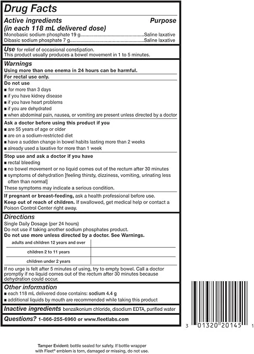 Fleet Laxative Saline Enema for Adult Constipation, 4.5 fl oz, 4 Bottles