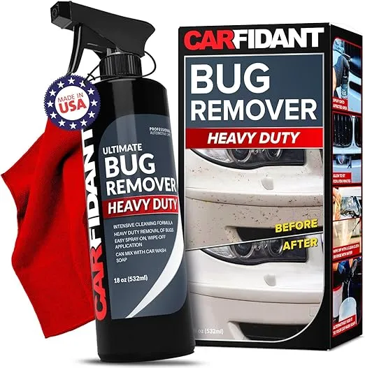 Carfidant Bug Remover Heavy Duty Spray - Cars Exterior Cleaner - Easily and Powerful Clean Bug Splatter, Bird Poop From Paint, Plastic, Rubber, Metal, Chrome, Glass - 18 fl. oz.