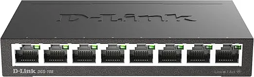 D-Link Ethernet Switch, 8 Port Gigabit Unmanaged Metal Fanless Desktop or Wall Mount Design (DGS-108), Black