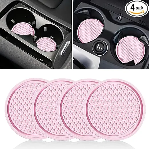 4 Pack Car Cup Coaster, Anti Slip Cup Coaster, Embedded in Ornaments Coaster, Car Interior Accessories, Fit for Most Models (Pink)