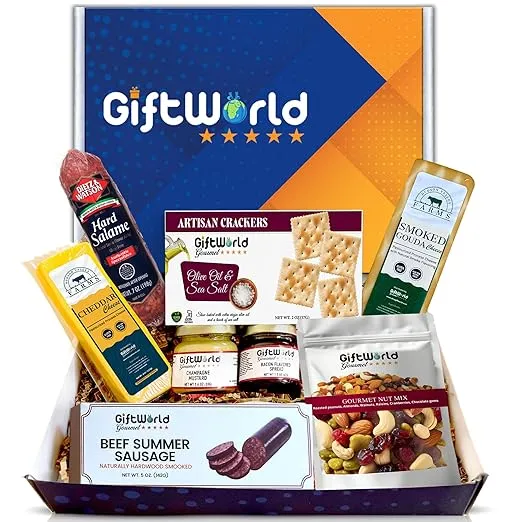 GiftWorld Beef Summer Sausage Charcuterie Cheese Gift Basket, Charcuterie Food Items, Meat and Cheese Gift Baskets for Men, Food Gift Basket for Men, Women, Food Gifts for Men, Food Basket For Business Gifts, Congratulations, Sympathy, Food Care Packages