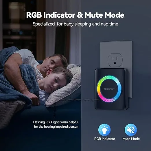 TECKNET Wireless Doorbell with 2 Plug-in Receivers, IP65 Waterproof Doorbells for Home with RGB Light, 1300Ft Operating Range, 60 Optional Melodies & 5 Adjustment Volume Levels of 0-120 dB, Black
