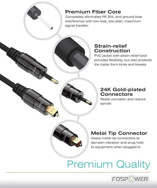 FosPower 24K Gold Plated Toslink to Mini Toslink Digital Optical S/PDIF Audio Cable with Metal Connectors & Strain-Relief PVC Jacket - 6ft