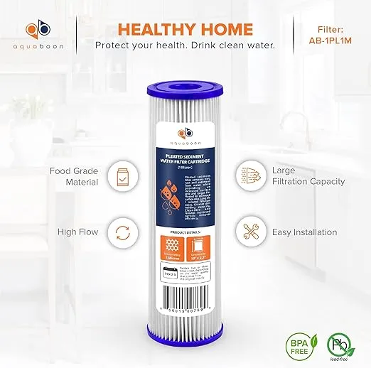 Aquaboon 1 Micron Pleated Water Filter 10 x 2.5 - Whole House Sediment Filter Replacement Cartridge Compatible with WFPFC3002, WHKF-WHPL, 25-Pack