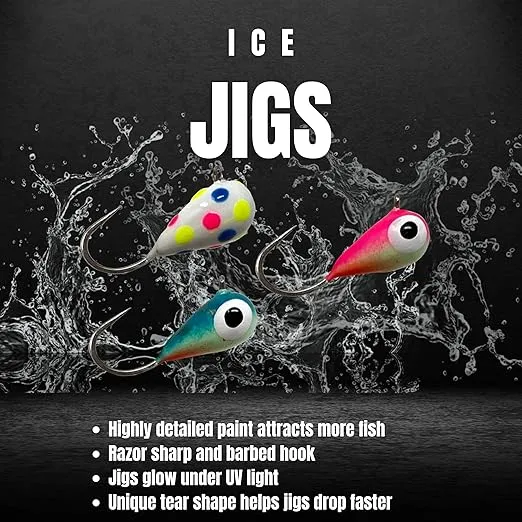 Reaction Tackle Tungsten Ice Fishing Jigs - Super Sensitive Tear Drop Ice Jig for Catching Panfish, Crappie, Walleye, Perch, Trout and Bluegill Ice Fishing Lures Glow with UV Light