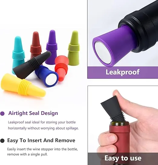 Wine Stoppers Beverage Bottle Sealer Soft Silicone Wine Bottle Stoppers Corks with Grip Top for Keeping Wine Champagne Fresh, 8 Pack