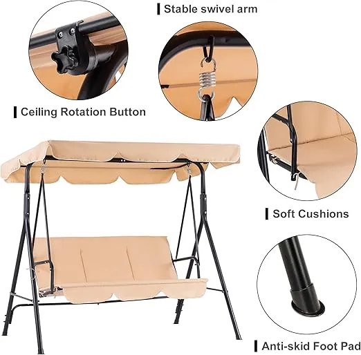 MCombo 3-Person Outdoor Patio Swing Chair, Convertible Canopy Hanging Swing Glider Lounge Chair, Removable Cushions, 4003 (Beige)