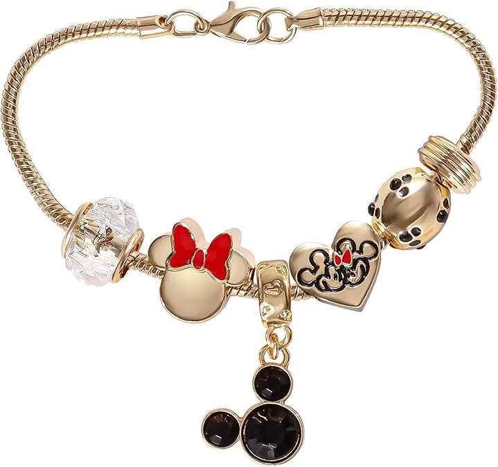 SALLY ROSE Charm Bracelets for Women, 7" Charm Bracelet with 6 Charms Featuring Hello Kitty, Stitch, and Minnie Mouse Official License