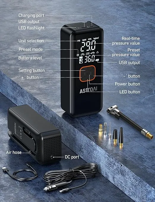 AstroAI Tire Inflator Portable Air Compressor, Cordless Car Tire Pump with 6600 mAh Battery & DC Cord, 150PSI Bike Pump with Dual Values Display for Cars, Motorcycles, Balls, Car Accessories CZK-3689