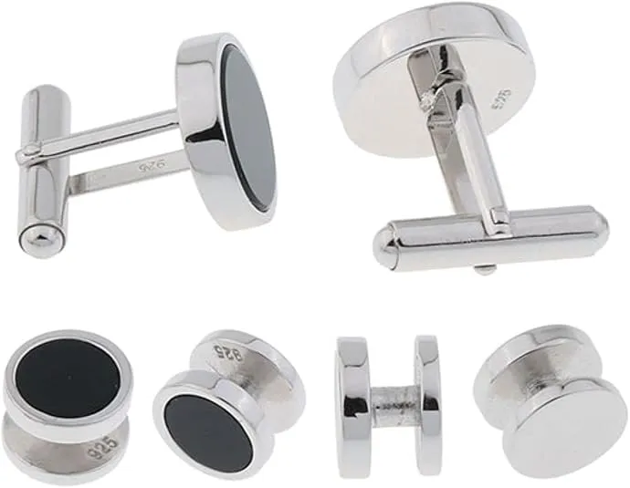 Mens Sterling Silver Black Onyx Cufflinks and Studs Formal Set with Presentation Box - Solid 925 Sterling Silver Wedding Party Tuxedo Shirt Studs - 5/8" cufflinks 3/8" studs Heirloom Luxury Set