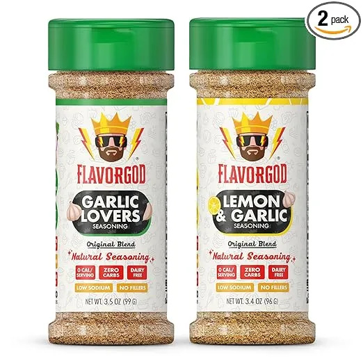 Flavor God Classic Combo Pack Of 2 Super Garlic Bros Edition Garlic Lovers, Lemon & Garlic, Herb, Seasoning Gift Set, Natural Healthy Spice Blend, Low Sodium Grill Chicken Beef Seafood Salad Steak Rub
