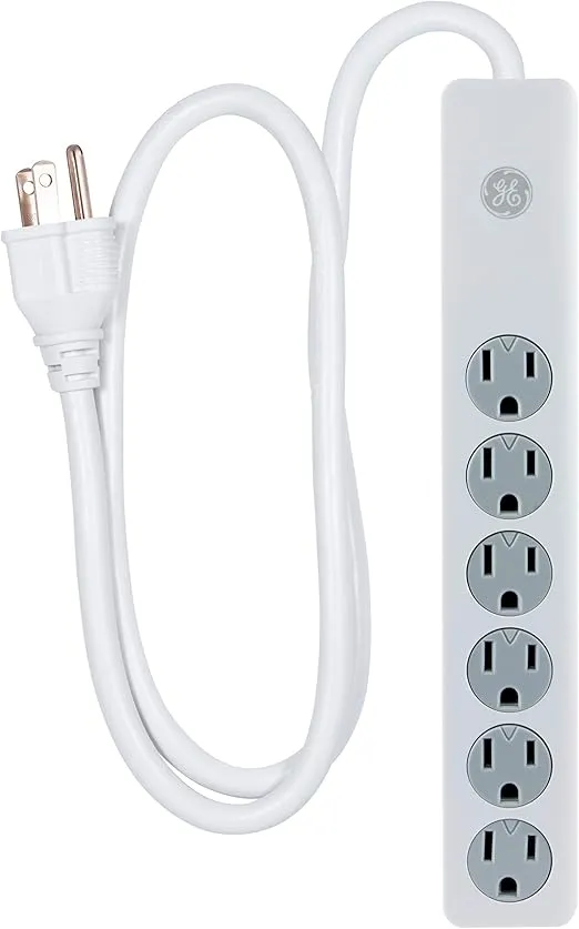 GE 6-Outlet Surge Protector, 3 Ft Extension Cord, Power Strip, Twist to Close Outlets, 450 Joules, Heavy Duty Plug, UL Listed, White, 14089