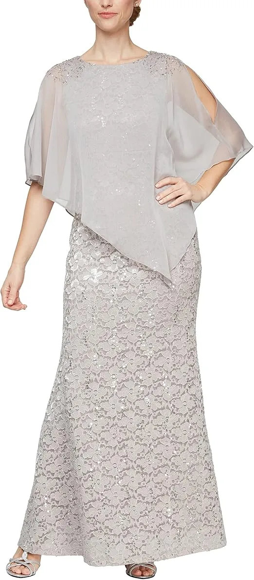 S.L. Fashions Women's Long Length Sequin Lace Beaded Capelet Dress, Formal Evening Gown, (Petite and Regular Sizes)