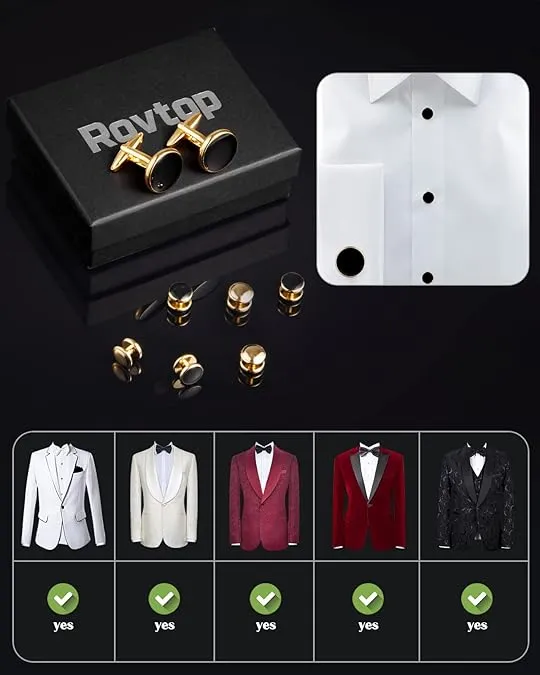 Best Gift for Men Rovtop Mens Cufflinks and Studs, Tuxedo Shirt Cufflinks and Studs Set for Men, Brass Cuff Links and Shirt Studs for Wedding/Banquet/Ceremony/Business