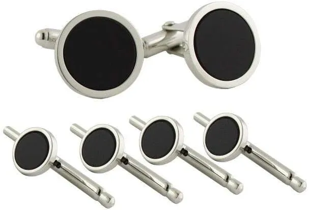 Men's Sterling Silver Black Onyx Cufflinks Stud Set (SS866402)