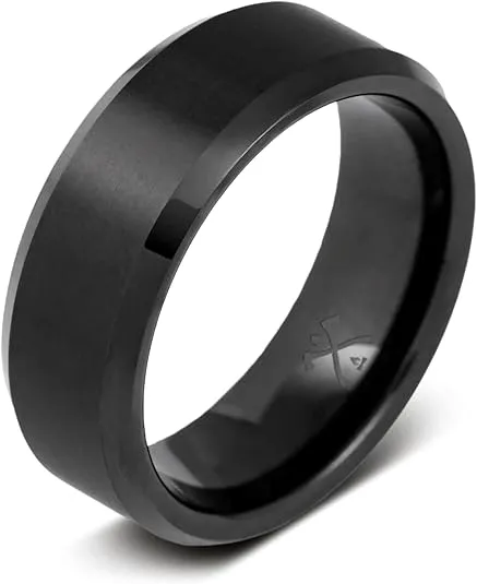 Manly Bands | The Baller | Black Mens Wedding Band | Ring Sizes 5-17 | 8mm Width | Mens Tungsten Wedding Band | Unique Mens Wedding Ring | Black Ring for Men | Mens Comfort Fit Wedding Band
