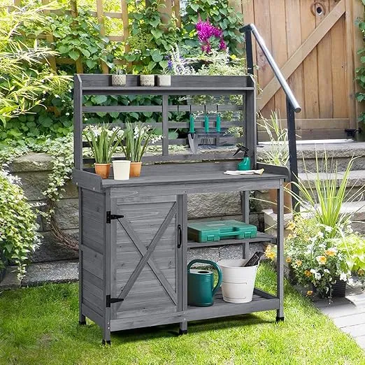 Yaheetech Outdoor Potting Bench, Large Horticulture Work Table Workstation with Storage Cabinet Shelf & Planting Working Console for Patio/Lawn/Garden - Gray