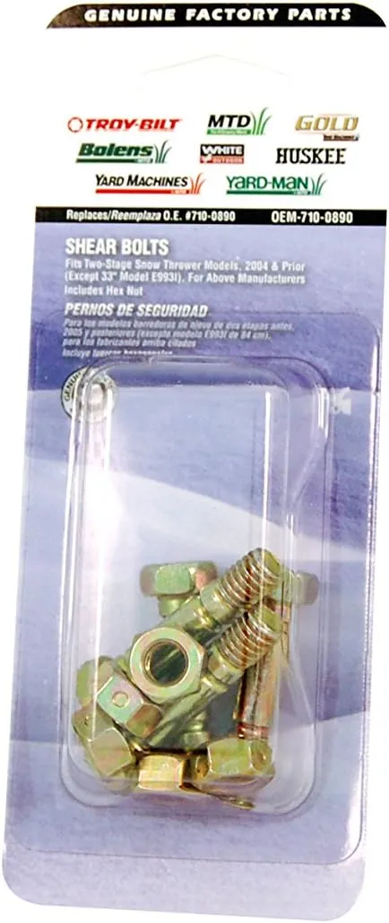 MTD Craftsman Troy-Bilt Shear Bolts OEM-710-0890 Fits Two-Stage Snow Thrower Models (2004 & Prior) Includes Hex Nuts, 1 Pack