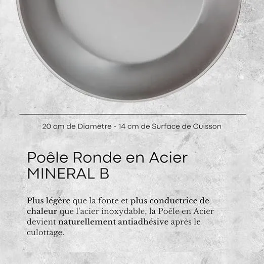 de Buyer MINERAL B Carbon Steel Fry Pan - 8” - Ideal for Searing, Sauteing & Reheating - Naturally Nonstick - Made in France