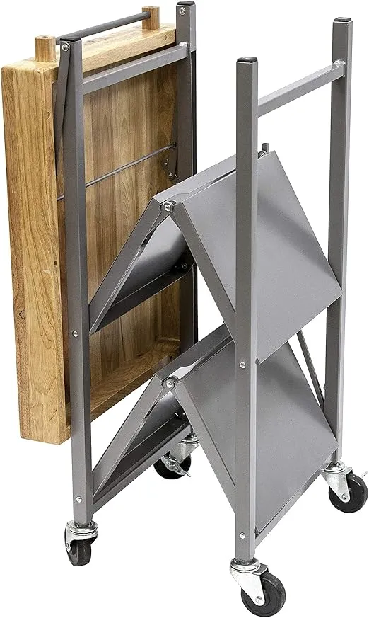 Origami Foldable Wheeled Portable Steel Frame Solid Wooden Top Kitchen Island Bar Cart with Open Shelving and Built In Towel Rack, Silver