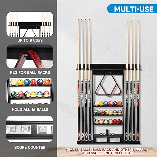 GSE Games & Sports Expert 8 Pool Cue Wall Rack with Score Counter, Pool Cue Stick Hanging Wall Mounting Rack Only, Holds 8 Pool Cue Sticks, 2 Ball Racks and Full Set of Balls (Black)