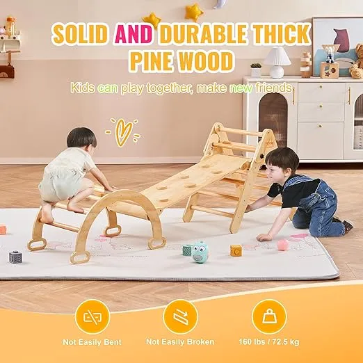 VEVOR Pikler Triangle Set, 5 in 1 Toddler Climbing Toys Indoor Playground, Ramp, and Arch, Montessori Climbing Set with Triangle, Wooden Climbing Gym for Toddlers 1-3 Years, Natural, Medium Size