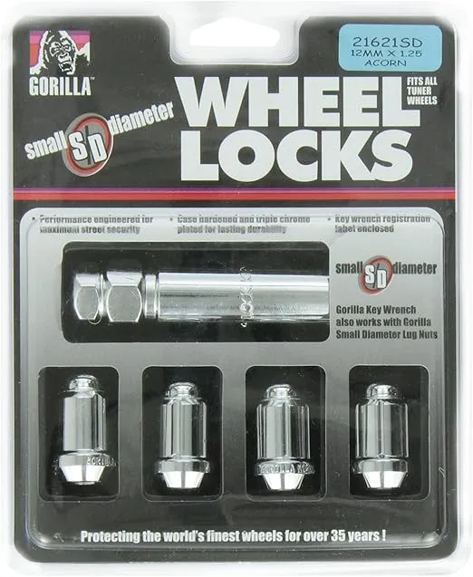Gorilla Automotive 21621SD Small Diameter Wheel Locks (12mm x 1.25 Thread Size), Pack of 4
