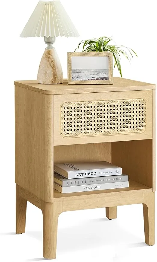 VASAGLE Rattan Nightstand, Boho Bedside Table with Drawer, Cane End Table, Modern Side Table for Bedroom, Natural ULET616T57