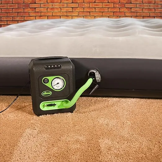 Slime 40034 Tire and Mattress Inflator, All-Purpose, High Pressure, High Volume, Analog 100 psi Dial Gauge, LED Light, 8 min Tire inflation, 3 Min Mattress inflation