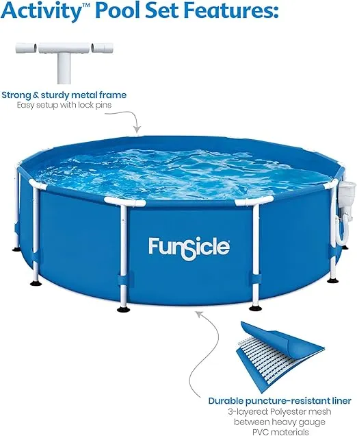 Funsicle 10' x 30" Outdoor Activity Round Metal Frame 5 Person Above Ground Swimming Pool Set with SkimmerPlus Filter Pump and Filter Cartridge, Blue