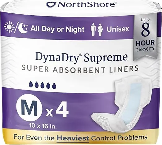 NorthShore DynaDry Supreme Liners Incontinence for Women and Men, Medium, Trial Pack/4