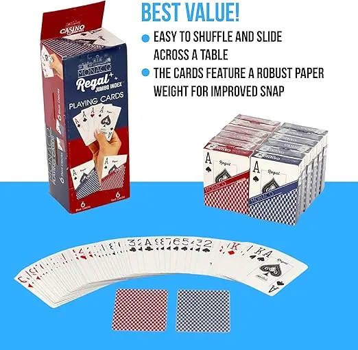 Regal Games Jumbo Playing Cards Set for Adults & Professionals - 6 Red & 6 Blue Large Print Deck of Cards - Blackjack, Euchre, Canasta, Poker Cards - Fun & Travel Playing Cards (12 Pack)