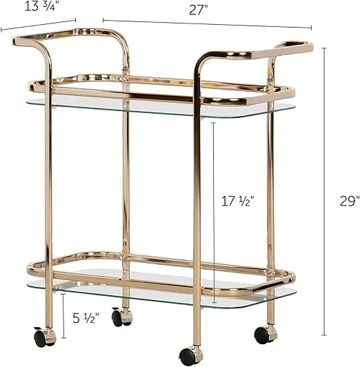 South Shore Maliza Bar Cart-Gold and Glass, 13.75"D x 27"W x 29"H