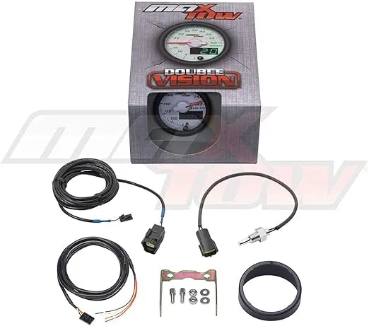 MaxTow Double Vision 260 F Transmission Temperature Gauge Kit - Includes Electronic Sensor - White Gauge Face - Green LED Illuminated Dial - Analog & Digital Readouts - for Trucks - 2-1/16" 52mm