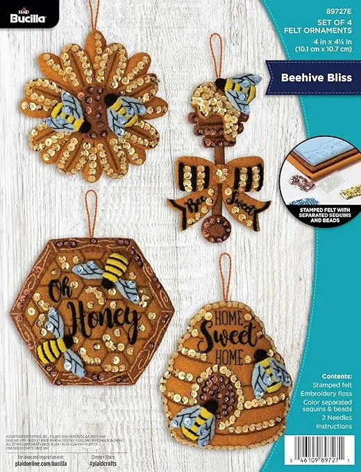 Bucilla, Beehive Bliss, Felt Applique 4 Piece Ornament Making Kit, Perfect for DIY Arts and Crafts, 89727E