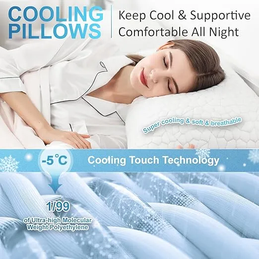 Cooling Bed Pillows for Sleeping, Shredded Memory Foam Pillows 2 Pack, Gel Pillows Standard Size Set of 2, Support yet Soft Pillow for Side, Back Sleepers Adjustable Pillow with Removable Cover