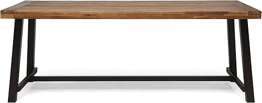GDFStudio Outdoor Eight Seater Wooden Dining Table, Teak and Rustic Metal Finish