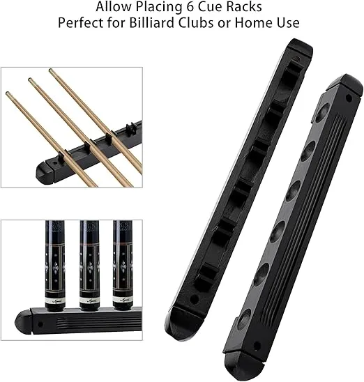 OwnMy Black Pool Stick Holders Wooden Pool Cue Holders with 6 Cues Billiard Cue Racks Set Wall Mount Black Finish Hardwood Billiard Pool Cue Sticks Racks Billiard Sticks Wall Racks with 6 Cue Clips