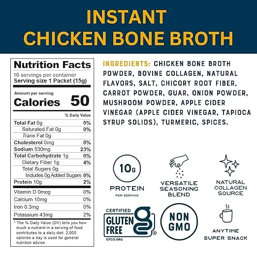 Bare Bones Chicken Bone Broth Instant Powdered Mix | Rich Savory Packets on-the-Go No Artificial Flavors | 100% Grass Fed Keto & Paleo Friendly | 10g Protein | 16 Pack