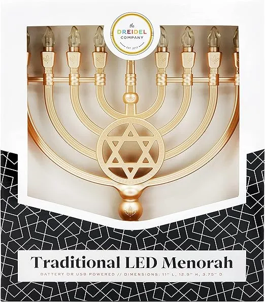The Dreidel Company Traditional LED Electric Silver Hanukkah Menorah - Battery or USB Powered - Includes a Micro USB 4' Charging Cable (Gold)
