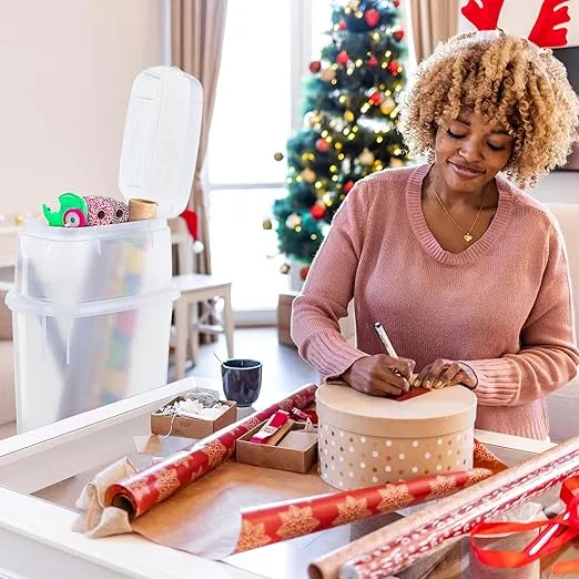 Rubbermaid Wrap N' Craft Plastic Wrapping Paper Organizer Storage Container with Top Ornament Storage Compartment for 20 Standard 30 Inch Rolls, Clear