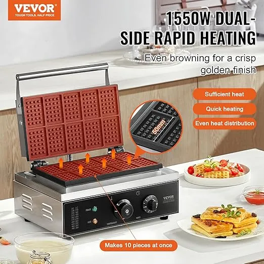 VEVOR Commercial Waffle Maker, 10PCS Rectangle Waffle Baker Machine, 1550W Non-Stick Stainless Steel Belgian Waffle Iron with Temp and Time Control, Handle, for Restaurant Bakery Snack Bar Family