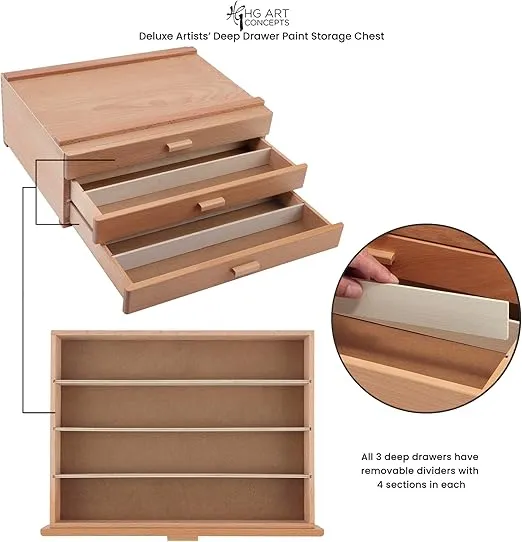 HG Art Concepts Artists Storage Chests - Premium Studio Organizer for Paint Tubes, Brushes, Pencils, Markers, & More! - Deluxe 3 Drawer