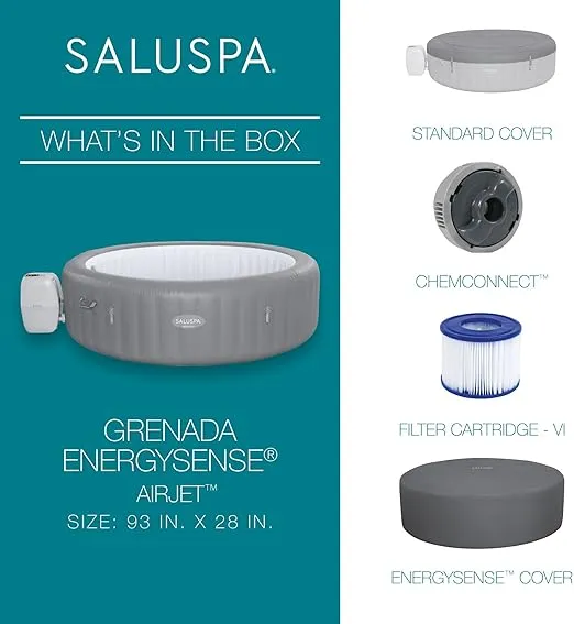 Bestway SaluSpa Grenada AirJet 6 to 8 Person Inflatable Hot Tub Round Portable Outdoor Spa with 190 AirJets and EnergySense Energy Saving Cover, Grey