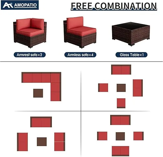 Amopatio Patio Furniture Set 7 Pieces, PE Rattan Outdoor Sectional Furniture Sofa Set, Wicker Patio Conversation Set with Thickness Cushions, Tea Table & Waterproof Cover, Burgundy